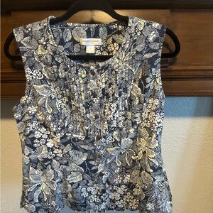 Christopher & Banks White and Blue Pleated Bib Collar Blouse